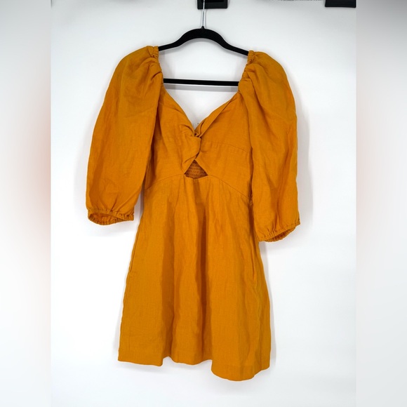 LOFT Beach Linen Mustard Cutout Mini Pocket Dress Size S - Picture 2 of 9